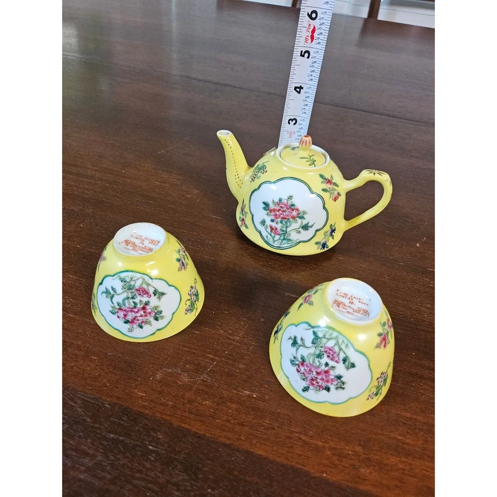 Hand Painted Canton Ware Tea Set Yellow Floral Porcelain 3pc Teapot Cup